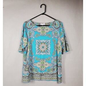 Charter Club Womens XL Turquoise Paisley Medallion Boat Neck Button Shoulder Top